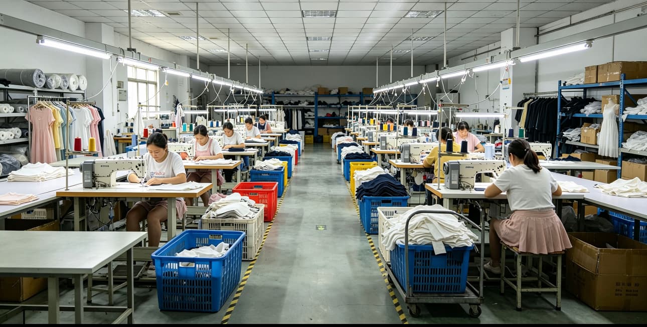 Garment sewing workshop inside the Qingdao facility