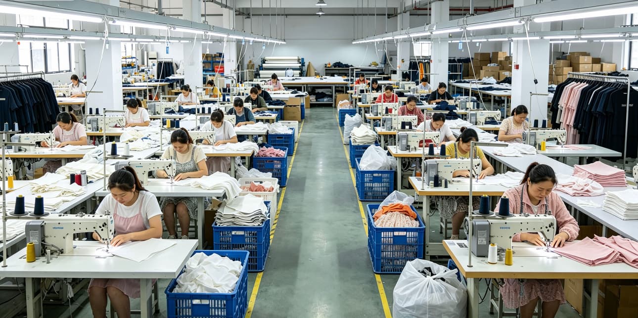Rows of sewing operators assembling garment panels at sewing stations on the AIHEHUA production floor